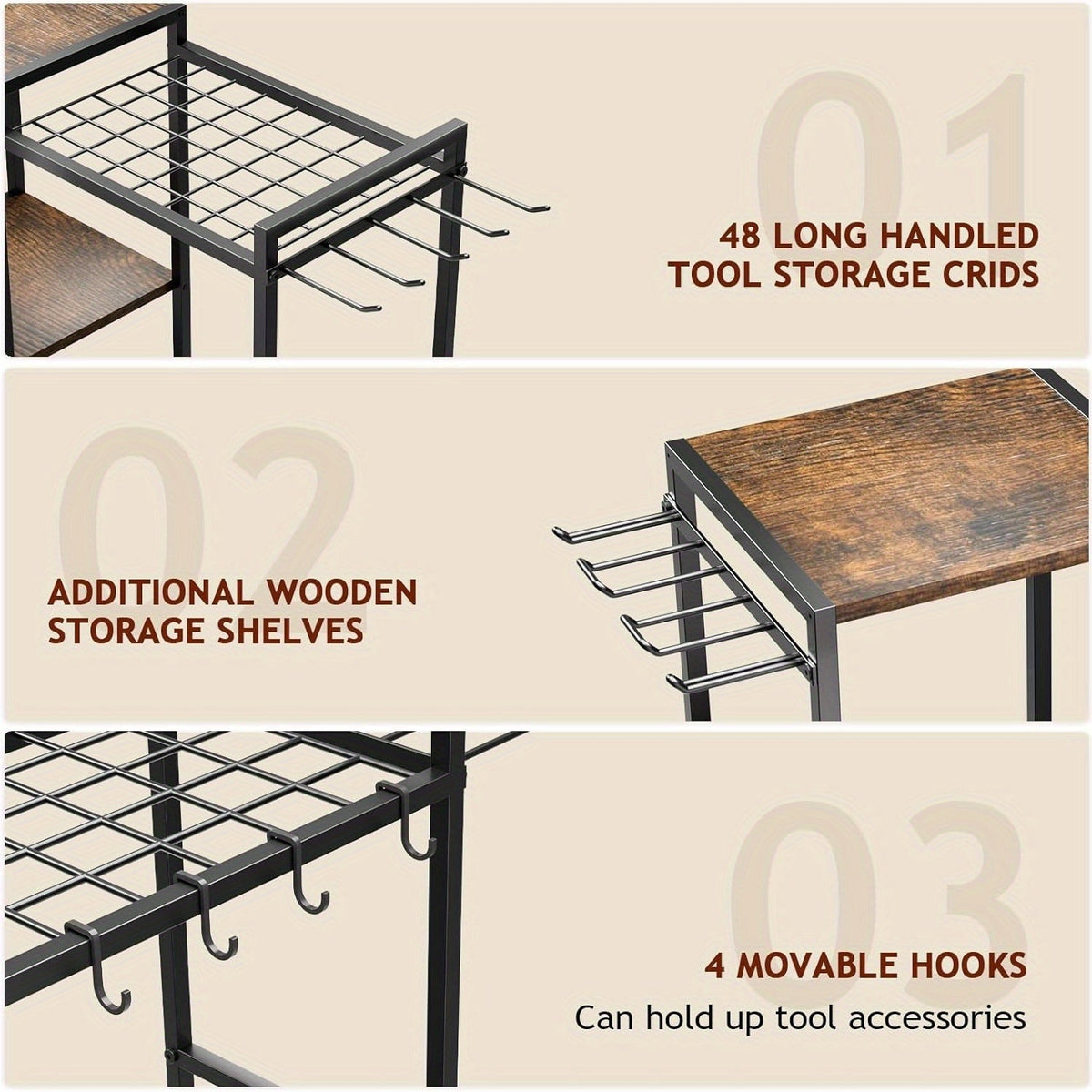 NNETM Garden Tool Rack with Wooden Shelves
