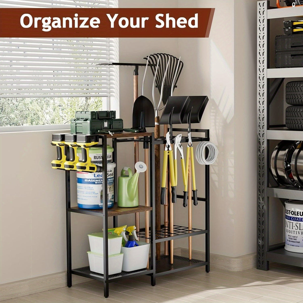 NNETM Garden Tool Rack with Wooden Shelves