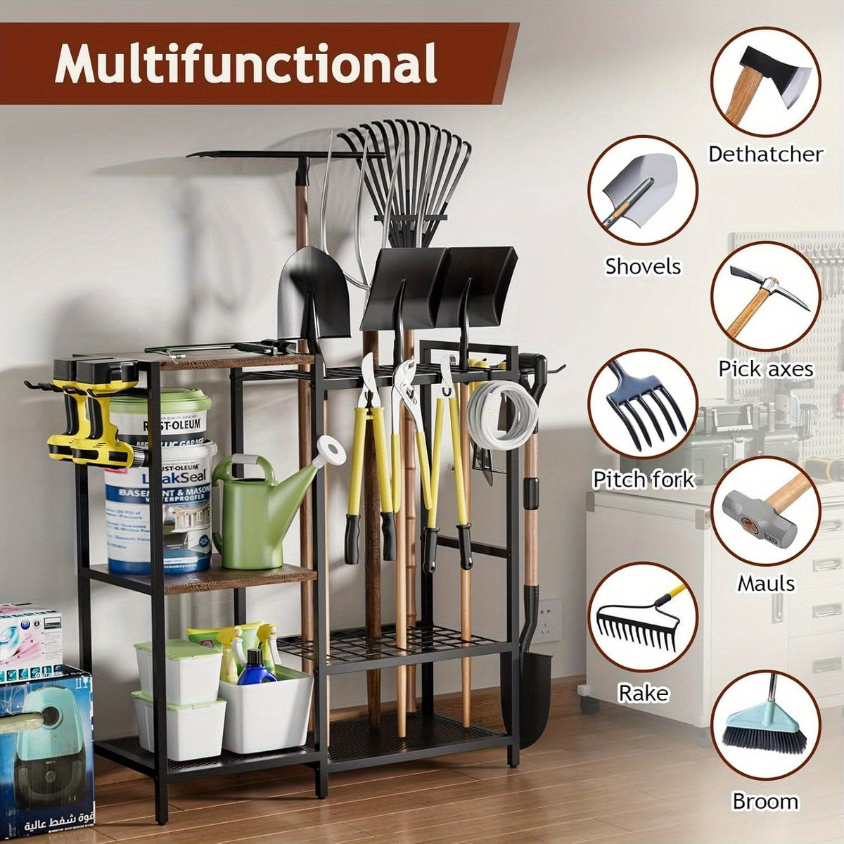 NNETM Garden Tool Rack with Wooden Shelves